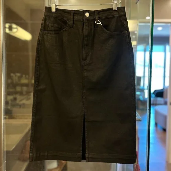 FRAME Split-Hem Coated Midi Skirt (Noir Coated Black)